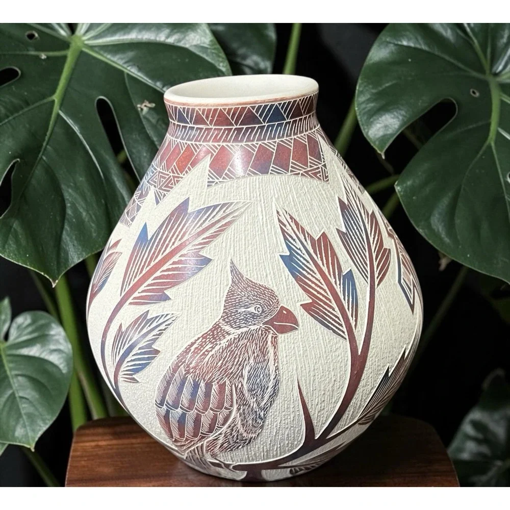Mata Ortiz Pottery‎ Hector Quintana Cardinal Plants Floral Jar Vase Mexican Art